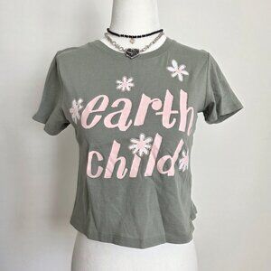 Earth Child Sage Green Crop Top Small Cottagecore Fairy Graphic Tee Floral NWT